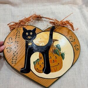 English Roses Halloween Black Cat Pumpkin Wood Heart Wall Plaque Folk Art Mexico